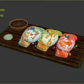 Fresh Salmon Sushi Pieces Served on Wooden Tray with Soy Sauce and Wasabi