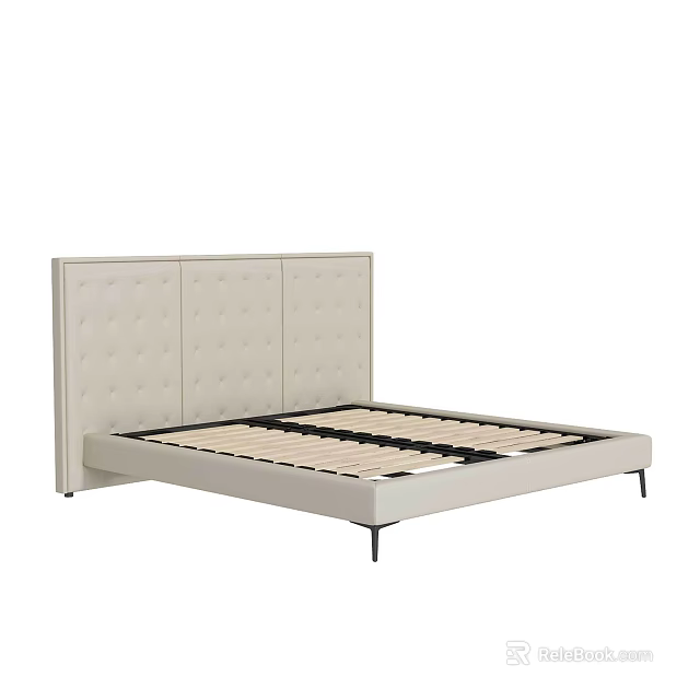 Modern Minimalist Double Bed With Tufted Beige Headboard Platform Frame And Metal Legs 3d model 