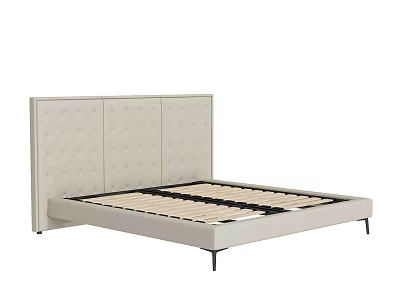 Modern Minimalist Double Bed With Tufted Beige Headboard Platform Frame And Metal Legs 3d model