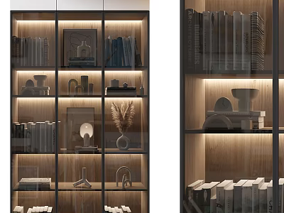 Modern Glass Door Bookcase With Built In Lighting Books And Decorative Items 3d model