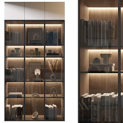 Modern Glass Door Bookcase With Built In Lighting Books And Decorative Items 3d model