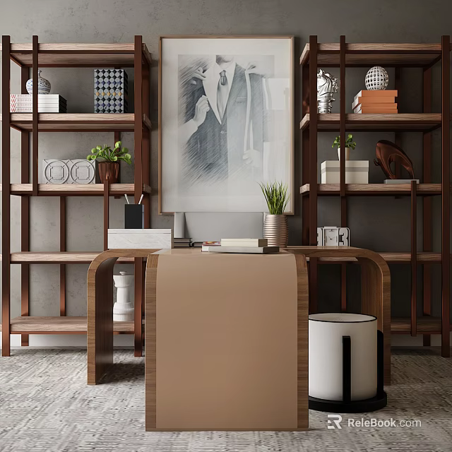 Home Office Desk Setup With Wooden Bookshelves Books Decorative Plants And Wall Art 3d model 