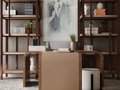 Home Office Desk Setup With Wooden Bookshelves Books Decorative Plants And Wall Art 3d model