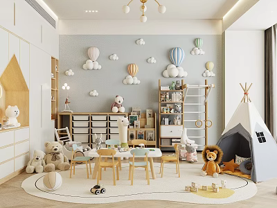 Kids Playroom Interior With Toys Furniture Teepee Tent And Decorative Wall Balloons 3d model