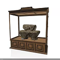 Wooden Display Cabinet With Glass Door Holding Ancient Artifacts And Carved Bottom Drawers