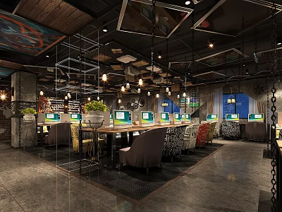 Stylish Internet Cafe Interior Featuring Computers Comfortable Chairs Ambient Lighting And Plants 3d model