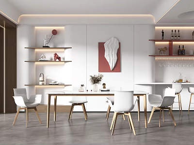 Modern Restaurant Interior With Wooden Table White Chairs Decorative Shelves And Red Abstract Painting 3d model