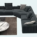 Dark Gray Velvet Corner Sofa with Patterned Pillows and Round Marble Coffee Table on Rug 3d model