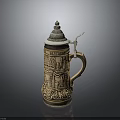 Traditional Ceramic German Beer Stein With Carved Scenery Patterns Lid And Handle For Daily Use