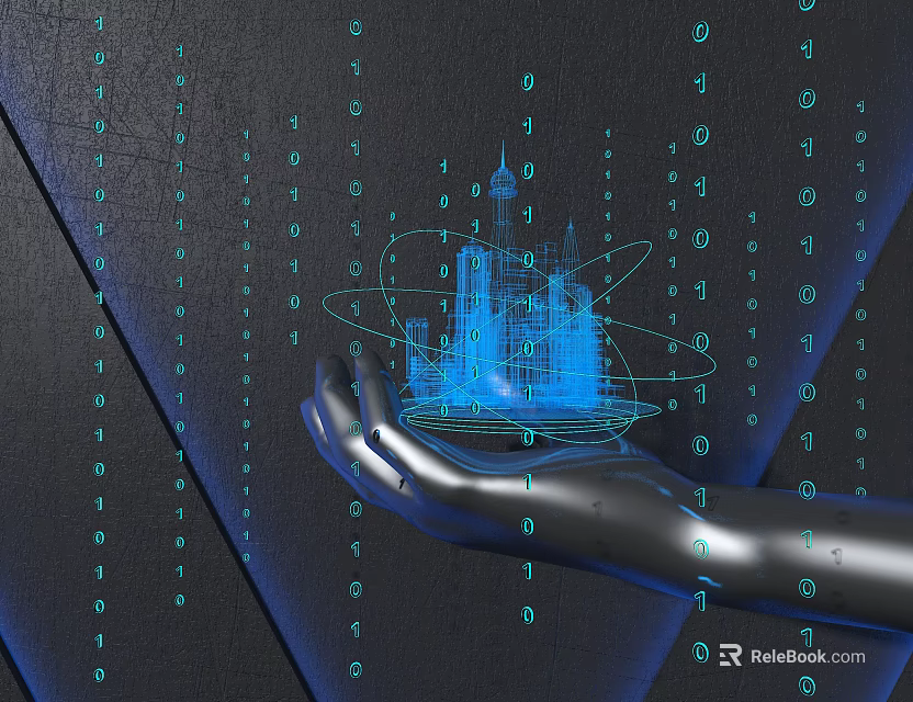 Mechanical Hand Holding Holographic Building Model With Flowing Binary Code 3d model 