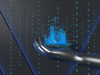 Mechanical Hand Holding Holographic Building Model With Flowing Binary Code 3d model