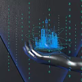 Mechanical Hand Holding Holographic Building Model With Flowing Binary Code