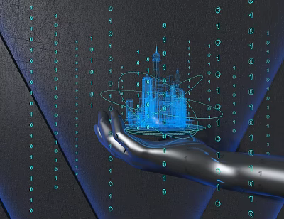 Mechanical Hand Holding Holographic Building Model With Flowing Binary Code 3d model