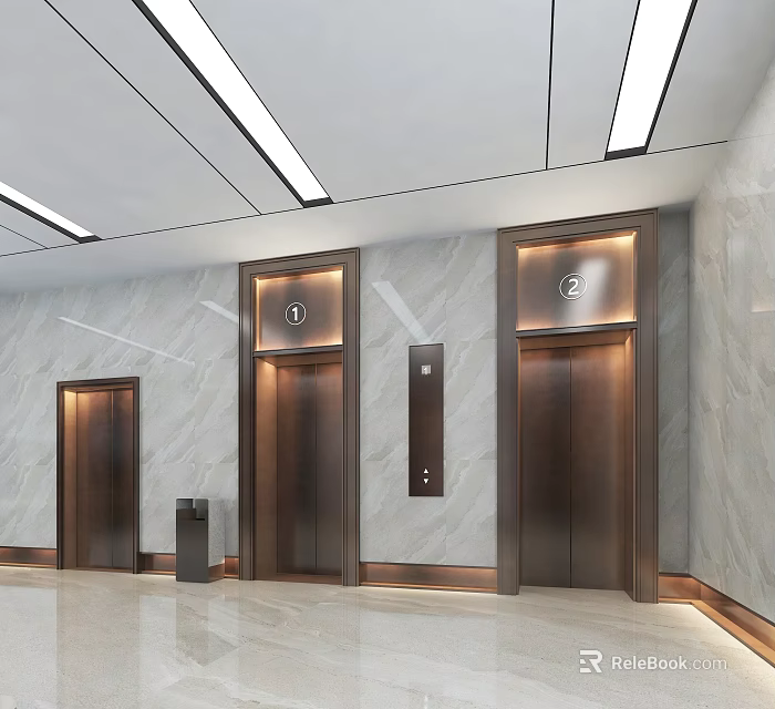 Modern Elevator Lobby With Marble Walls Elevators And Linear Ceiling Lights 3d model