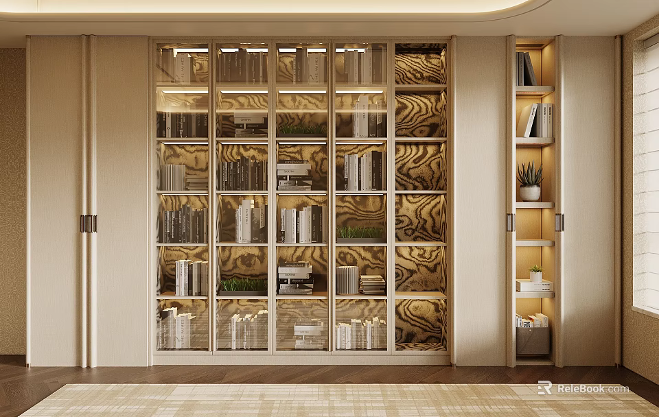 Luxury Modern Full Wall Glass Bookcase With Built In Warm Light For Home Book Storage 3d model 