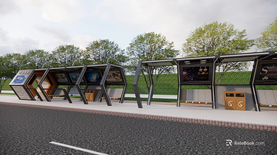 Modern Bus Station With Glass Roof Digital Screens Trees And Trash Bins 3d model 