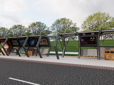 Modern Bus Station With Glass Roof Digital Screens Trees And Trash Bins 3d model