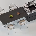 Modern Dining Table Set With Dark Surface Marble Island Sink And Light Chairs 3d model