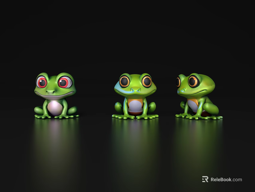 Three Adorable Green Frog Toys With Large Eyes On Black Background 3d model 