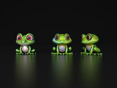 Three Adorable Green Frog Toys With Large Eyes On Black Background 3d model