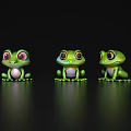 Three Adorable Green Frog Toys With Large Eyes On Black Background