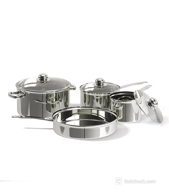 Stainless Steel Kitchen Cookware Set With Sleek Pots Pans And Lids 3d model 