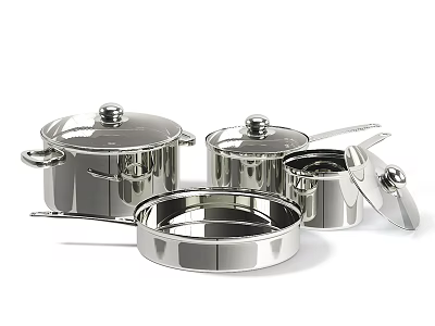 Stainless Steel Kitchen Cookware Set With Sleek Pots Pans And Lids 3d model