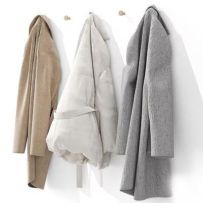 Long Sleeve Coats in Beige White Gray Hanging on Wall with Belted Detail 3d model
