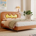 Modern Kids Bed Featuring Orange Batman Headboard Side Table Plants And Wall Decor