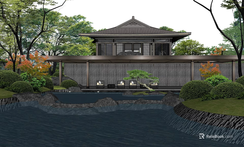 Traditional Japanese Residential Landscape With Water Feature Rock Garden And Pine Trees 3d model 