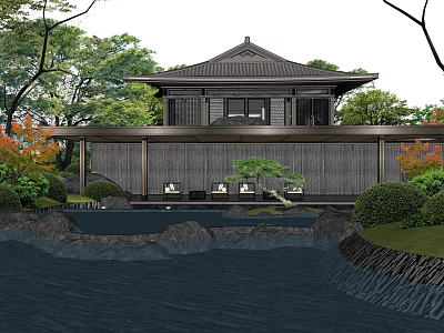 Traditional Japanese Residential Landscape With Water Feature Rock Garden And Pine Trees 3d model