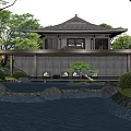 Traditional Japanese Residential Landscape With Water Feature Rock Garden And Pine Trees