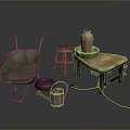 Vintage Garden Tools And Furniture With Wheelbarrow Stool Clay Pot Watering Can And Wooden Table