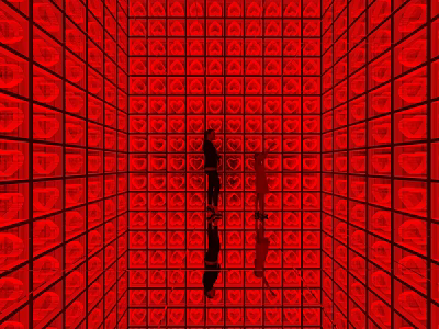 Red Geometric Cube Space With Square Grid Panels And Human Silhouette Reflections 3d model
