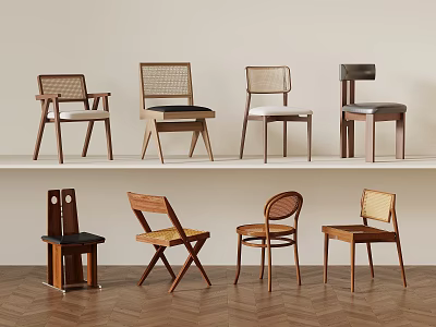 Stylish Wooden Dining Chairs With Various Designs And Woven Back Details In Modern Interior Showcase 3d model