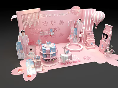 Pink Themed Decorative Display Featuring Cherry Blossom Hot Air Balloon And Figurine Stand 3d model