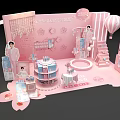 Pink Themed Decorative Display Featuring Cherry Blossom Hot Air Balloon And Figurine Stand