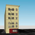 Yellow Multi Story Building Exterior With Arched Windows Red Storefront And Fire Escape