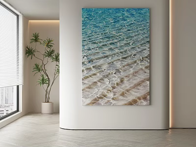 Abstract Painting Featuring Turquoise Water Ripples And Sandy Beach In Modern Interior 3d model