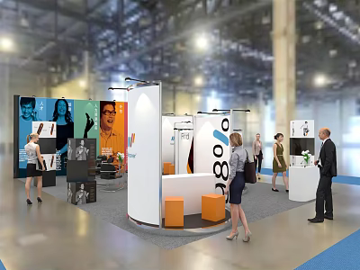 Modern Exhibition Booth Design With Modular White Orange Panels And Interactive Visitor Areas 3d model