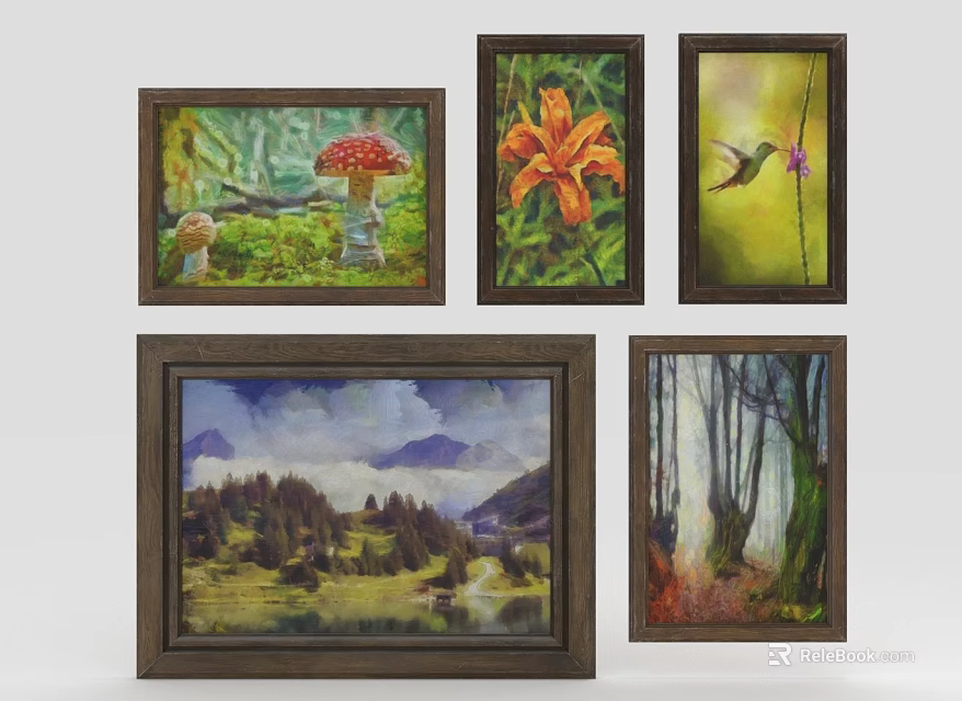 Framed Decorative Paintings With Natural Themes Mushroom Lily Hummingbird Mountain Forest Home Wall Furniture 3d model 