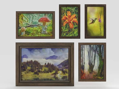 Framed Decorative Paintings With Natural Themes Mushroom Lily Hummingbird Mountain Forest Home Wall Furniture 3d model