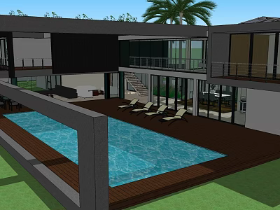Modern Detached Villa With Swimming Pool Wooden Deck And Palm Tree Lounge Chairs 3d model