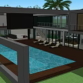 Modern Detached Villa With Swimming Pool Wooden Deck And Palm Tree Lounge Chairs