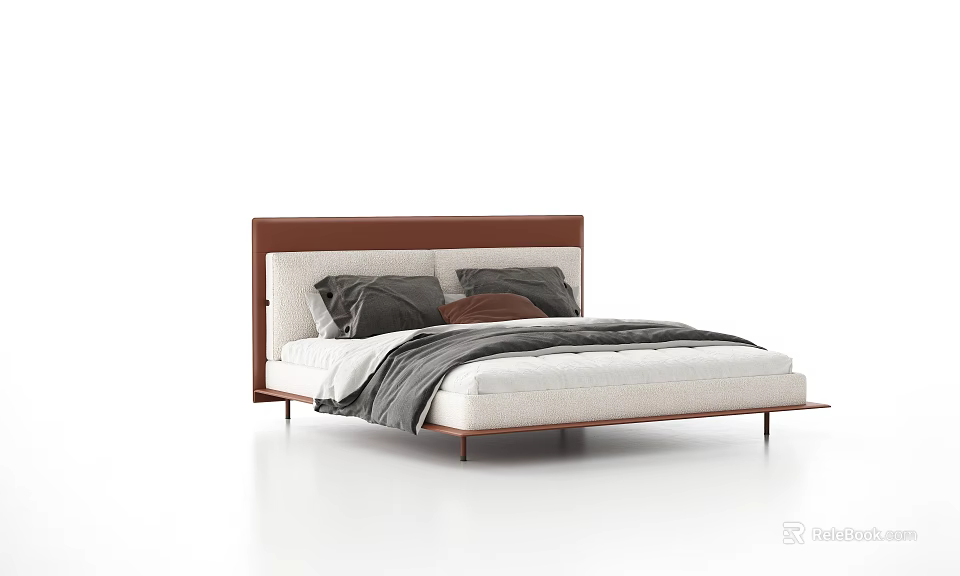 Modern Double Bed With Brown Headboard Gray Bedding And Sleek Design 3d model