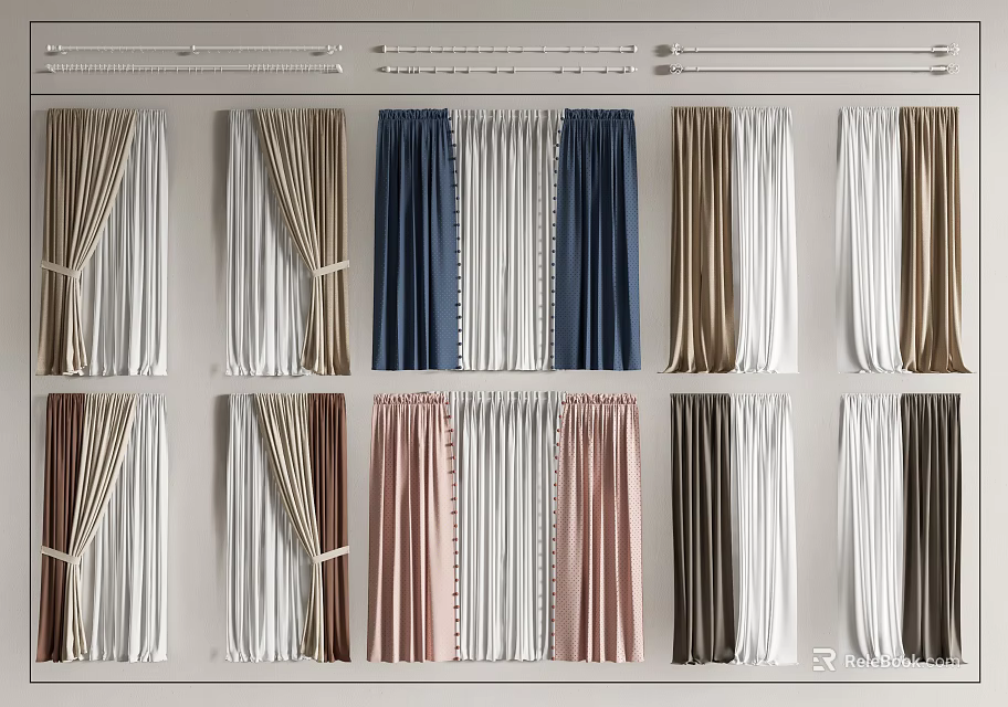 Various Colored Curtains With Tied Styles And Different Fabric Designs For Home Windows 3d model 