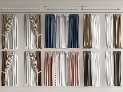 Various Colored Curtains With Tied Styles And Different Fabric Designs For Home Windows 3d model