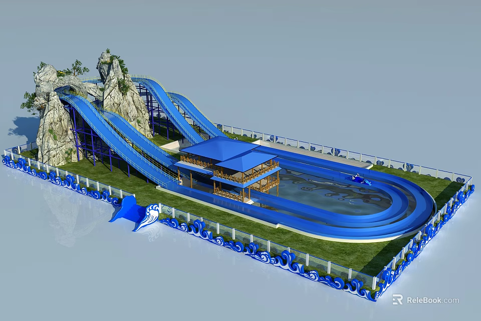 Fun Water Amusement Equipment With Blue Slides Rock Formations Pavilion Pool And Lawn 3d model 