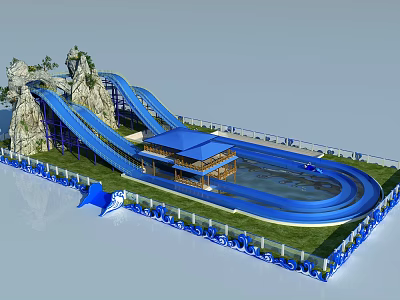 Fun Water Amusement Equipment With Blue Slides Rock Formations Pavilion Pool And Lawn 3d model