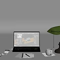 Modern Laptop Workspace With Green Desk Lamp Notebook Pen And Coffee Cup
